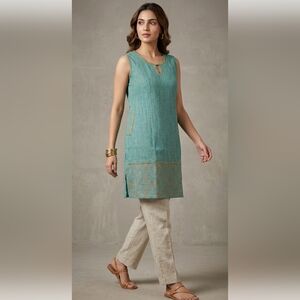 Anokhi Blue Sleeveless Kurta Tunic Top  with Gold Accents And Side Slits Fits M